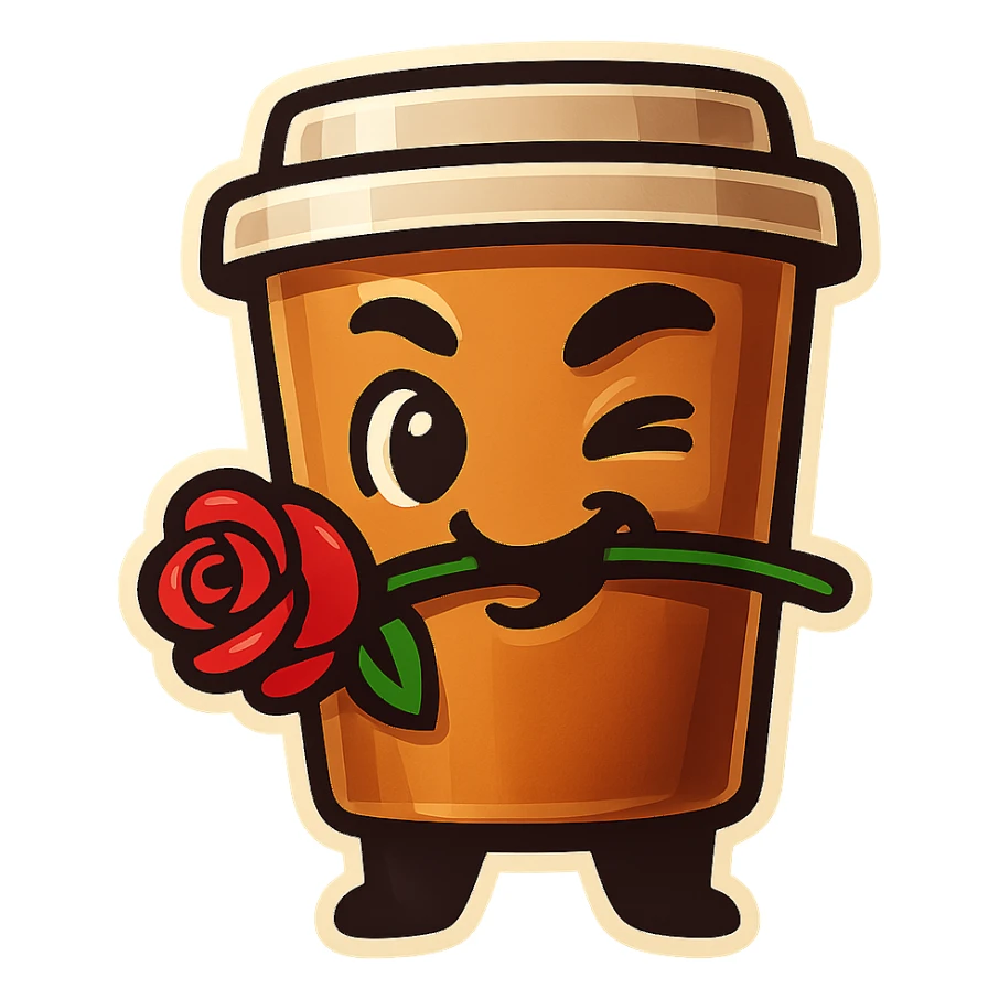 Tall coffee cup, rose in mouth, wiggle eyebrow, smirk sticker