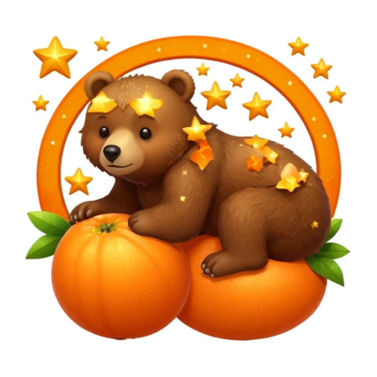 bear dozing atop an orange fruit surrounded by stars sticker