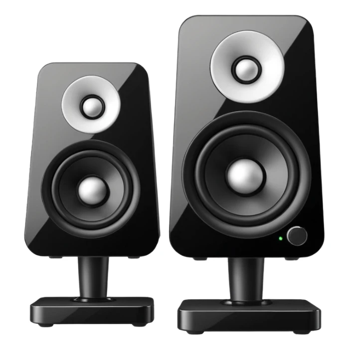 Single black desktop speaker with glossy front, one large white cone with black center, small volume knob, clean white background, studio product photo. sticker