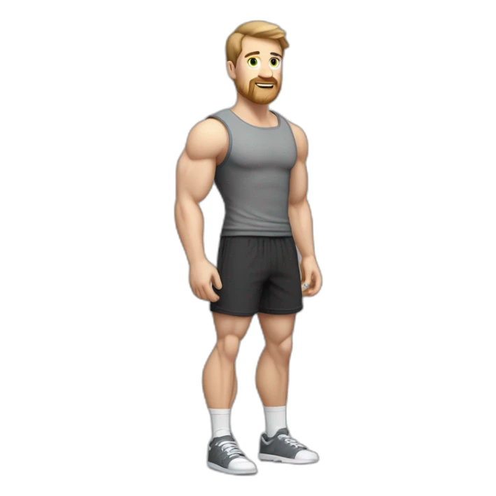 Full height Pale skinned muscular man With Realistic eyes and mouth, light brown hair and stubble In dark gray sleeveless mike, black oversize sports shorts, watch and white sneakers. sticker