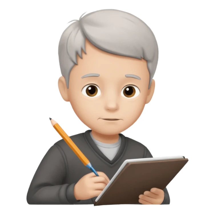 boy ,drawing pic of grandpa on the notebook, characoal sticker