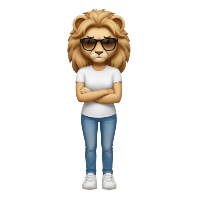 confident anthropomorphised female lion, full body, arms folded, wearing jeans, white t-shirt, dark sunglasses, trainers, looking determined sticker