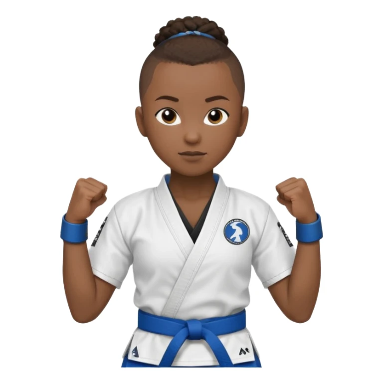 black karate instructor with pony tail afro hair and shaved bald sides haircut, Make the hair brown and the belt blue. Add the roger Gracie academy logo on the go also and the p logo of progress jiu jitsu on the right arm at the top sticker