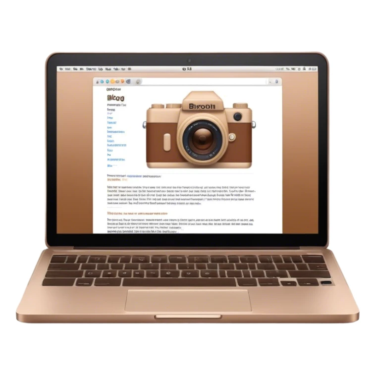 Create an emoji representing blogging. The design should feature an open laptop with a visible blog post on the screen, showing text. Add a photo or video camera to emphasize multimedia content. Do not include any emojis or smiley faces. Make the background transparent. sticker