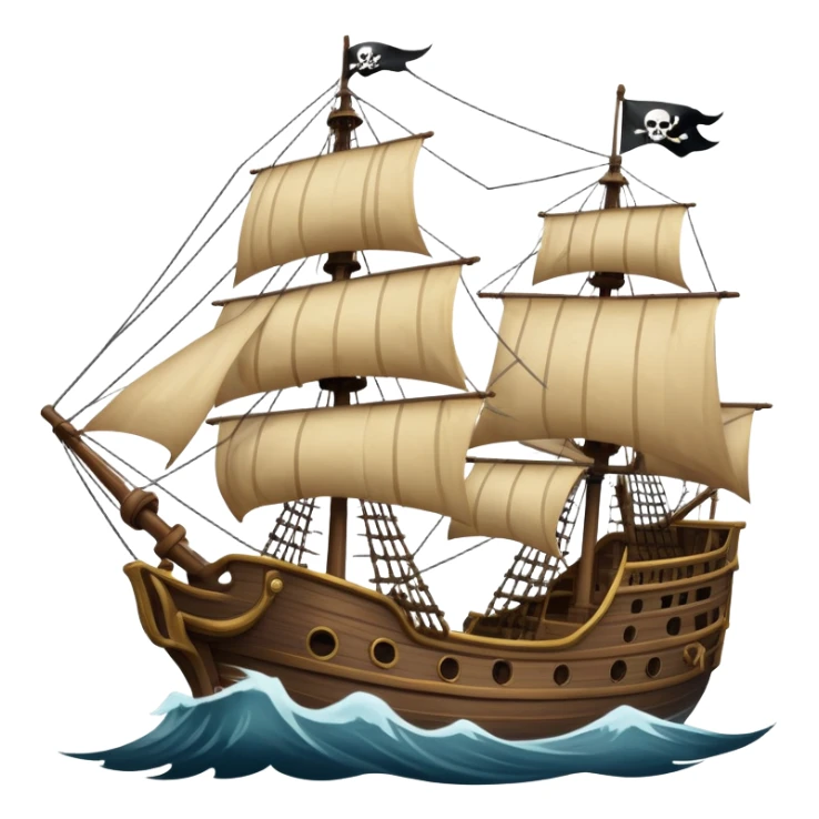 An icon representing an adventure game, inspired by high-seas exploration. The design features a fearless pirate gripping the wheel of a grand sailing ship, its tattered Jolly Roger flag billowing as it cuts through stormy waters. The scene evokes danger, treasure, and the thrill of the open sea. Transparent background. sticker