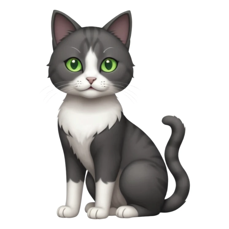 full body view of beautiful female solid dark grey cat with green eyes, white toes/paws and white patch on her chest sticker