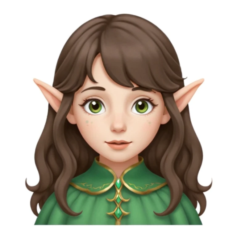 A young woman with medium length brunette wavy hair, with curtain bangs. Has pale ivory skin, rosy cheeks, and has freckles dusting the cheeks and nose. Has hazel green/gray eyes, and long elf ears. sticker