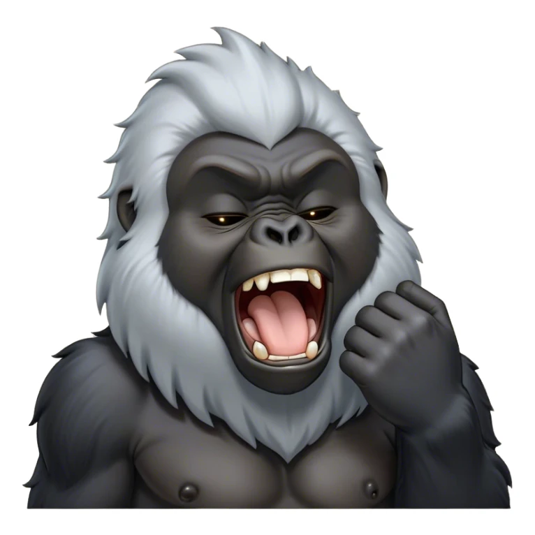Cinematic Cute Yawning mountain Gorilla Portrait Emoji, Head tilted slightly with a dramatic, wide-open yawn, showcasing a formidable build with a silvery mane and drowsy, half-closed eyes, Simplified yet irresistibly adorable features, highly detailed, glowing with a soft, cozy jungle glow, high shine, relaxed yet expressive, stylized with a dash of whimsical primate charm, soft glowing outline, capturing the essence of a drowsy yet affectionate guardian that appears ready to stretch out for a nap! sticker