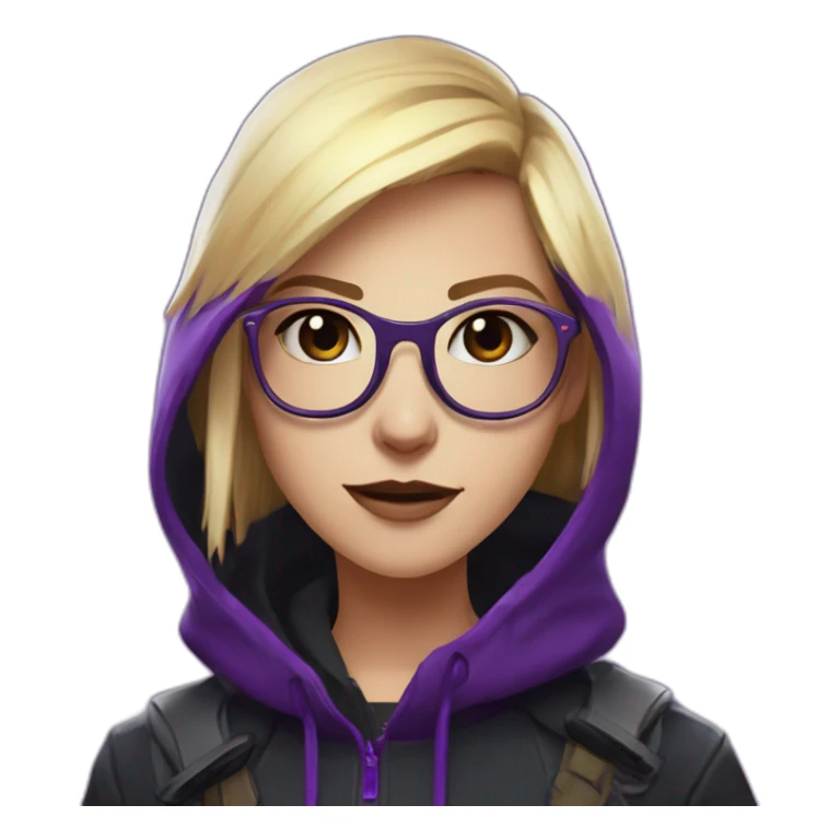 Girl blond developer  with round glasses left side behind his laptop with this style: valorant riot Game purple character purple black hooded hacker themed character sticker