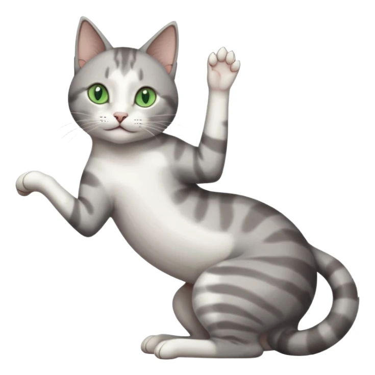 grey and white cat with green eyes doing a big extremely long stretch reaching up into the air with arms and legs side by side together straight and overextended whilst lying on its side sticker