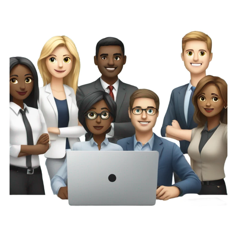 A small, diverse team collaborates with laptops and sketches in the background, symbolizing professional IT consulting.  sticker