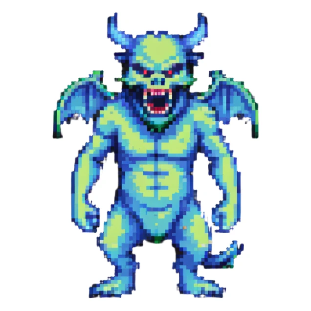 pixel art شیطان, cartoonish demon with tail and fangs, standing pose sticker