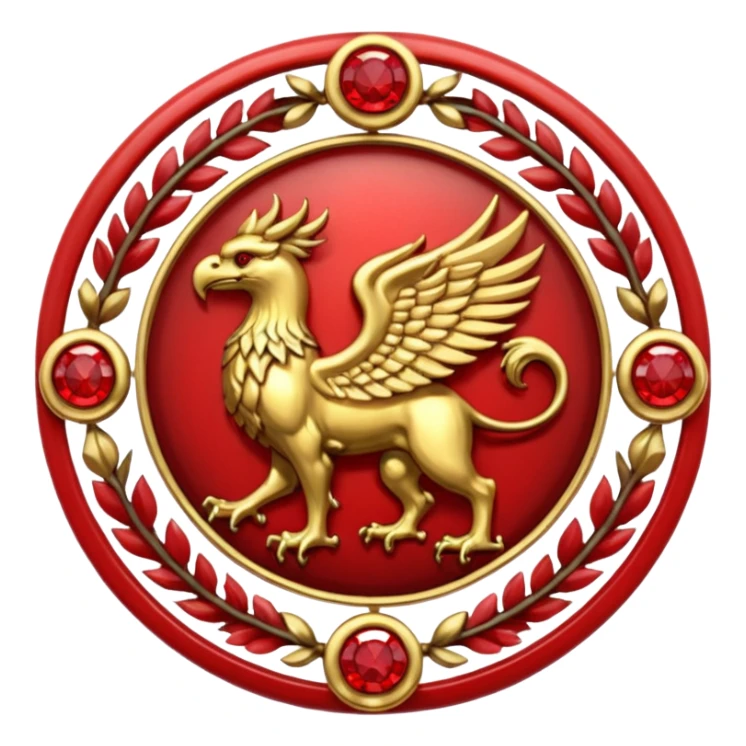 Golden griffin crest / brosch in a circle with red gems and no background sticker