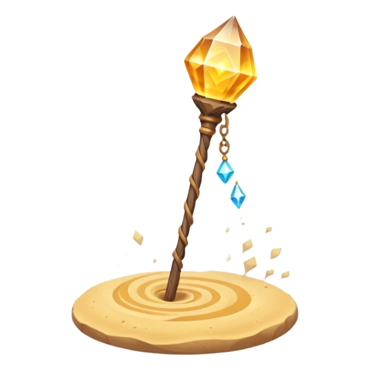 desert sand mage staff object icon, ancient wooden staff, swirling sand crystal on top, glowing golden aura, small floating sand particles, fantasy desert style, 3D cartoon, mobile game icon style, centered, clean background, soft shadow, no text, no watermark
 sticker