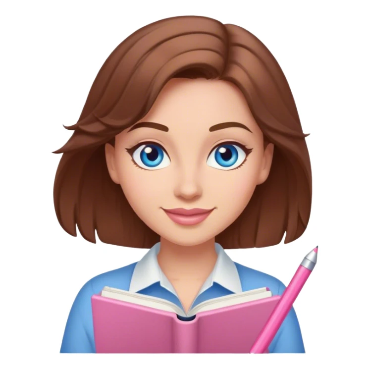female writer happy, brown hair and blue eyes writing a light pink romance novel sticker