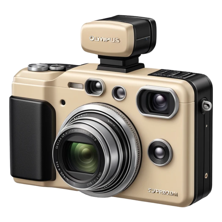 Olympus Superzoom 70G camera, beige color, vintage compact point and shoot camera with distinctive rectangular body, small viewfinder, protruding flash unit on top, and the exact silhouette of Olympus Superzoom 70G with its characteristic shape sticker