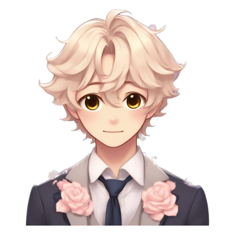 Gorgeous romantic hot attractive anime style formal modern gentlemanly anime shojo guy with pretty hair and flower petals and blushing face aesthetic trending style  pastelcore cottagecore kawaiicore sticker