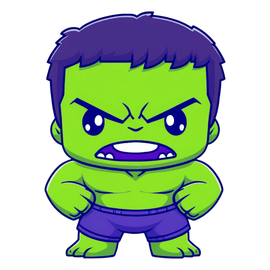 Chibi Hulk, cute small proportions, big head, tiny body, adorable angry expression, green skin, purple shorts sticker