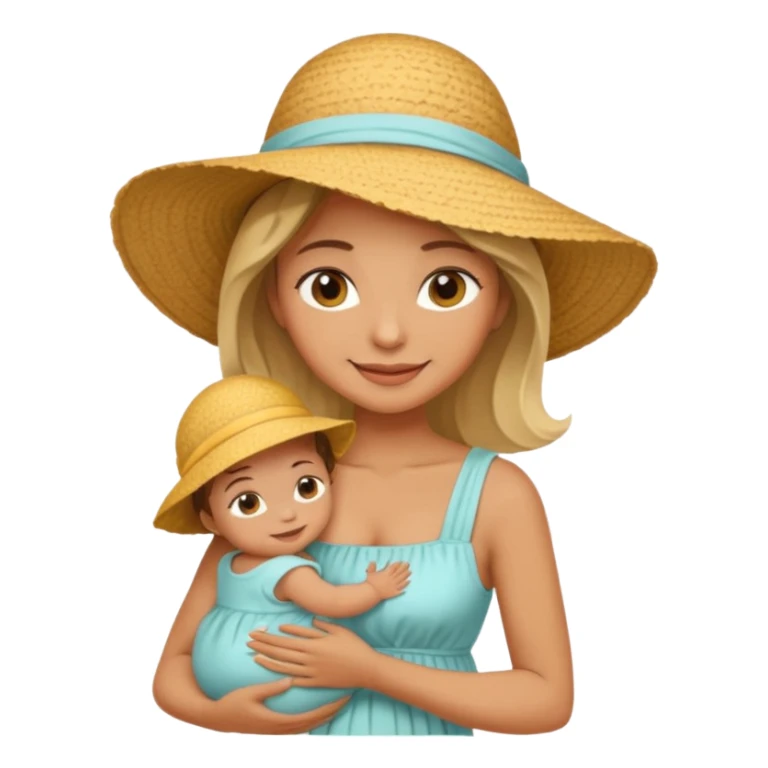 A mom in a sunhat holding her baby gently, wearing a sun-dress while smiling softly. sticker