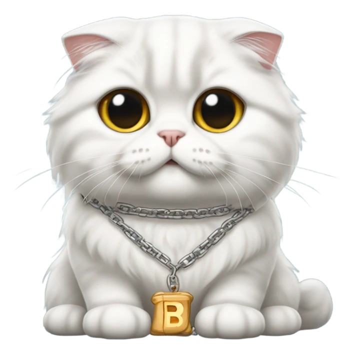 White long haired Scottish fold with chain that says Bucatini sticker