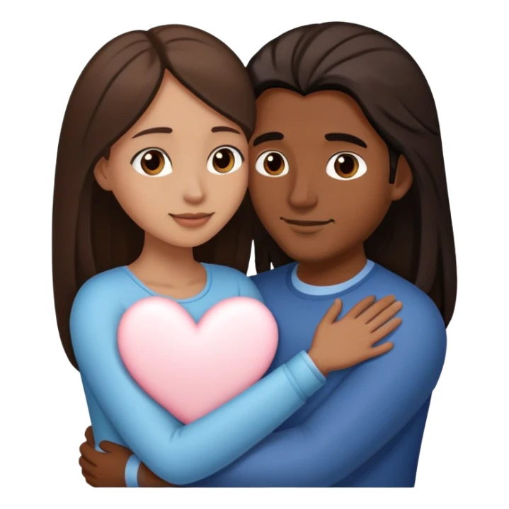 A couple hugging. The man has medium brown skin, dark brown slightly long straight hair. The woman has fair skin, long dark brown hair. White hearts around them. sticker