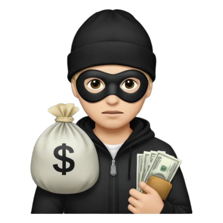 robber wears black eye mask and black beanies with money bag beside him sticker