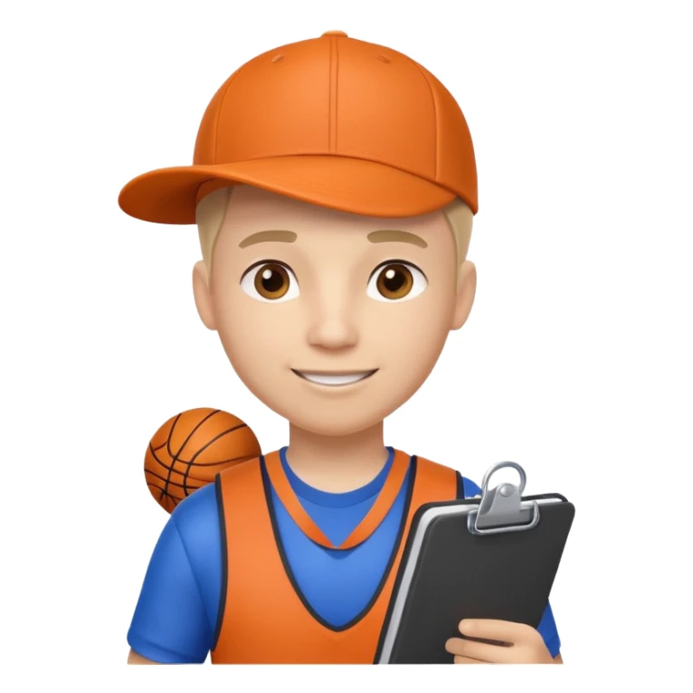 cute basketball coach portrait, head and shoulders only, whistle, cap, clipboard strap, confident smile, 3D cartoon, mobile game icon style, clean background, no text, no watermark
 sticker