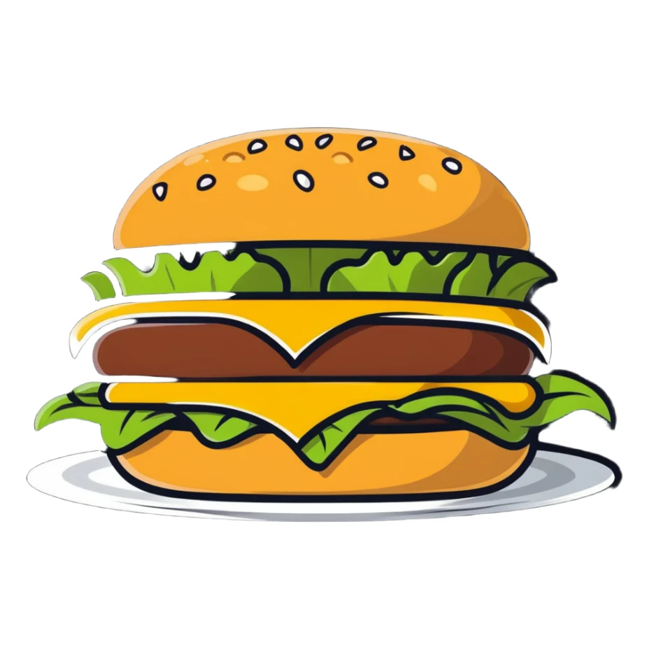 cartoonish sticker of a hamburger with cheese, eggs, and lettuce sticker