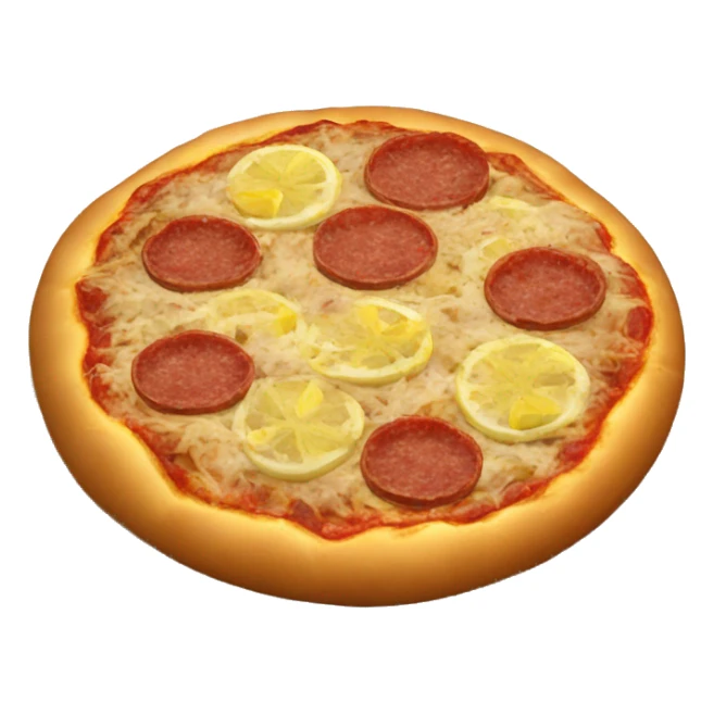 small round pizza bread with minced meat on top and a slice of lemon sticker