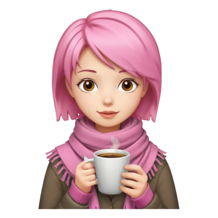 a girl with pink short layer hair, having scarf,  drink coffee, enjoy sticker