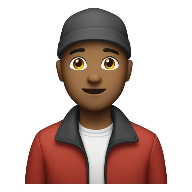 A young, bald man with an and a red jacket and cap sticker