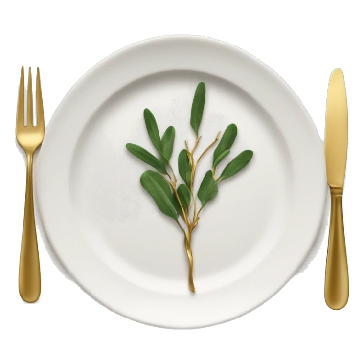 Modern Thanksgiving table emoji: A tiny, chic table setting with gold cutlery, a white plate, and a sprig of greenery on a neatly folded napkin. sticker