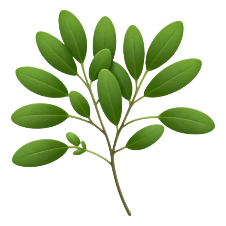 small thyme sprig, slender stems, dense pairs of tiny deep green oval leaves, crisp and delicate, aromatic freshness, soft lighting, emoji scale sticker