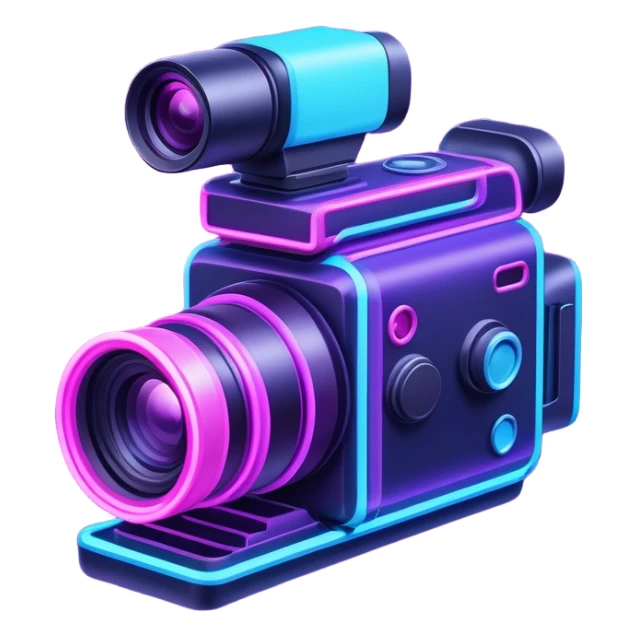 videographer's camera in pink and light blue colors, with neon glow lines, blue neon light on top left, purple neon light on bottom right sticker