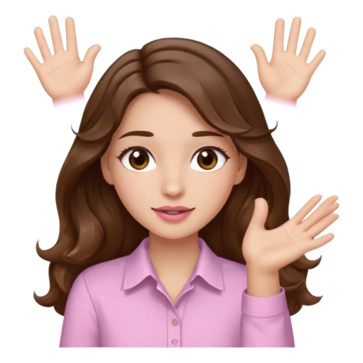 girl with wavy long brown hair, brown eyes, light to medium complexion, long lashes, light pink lipstick, wearing light pink shirt, clapping sticker