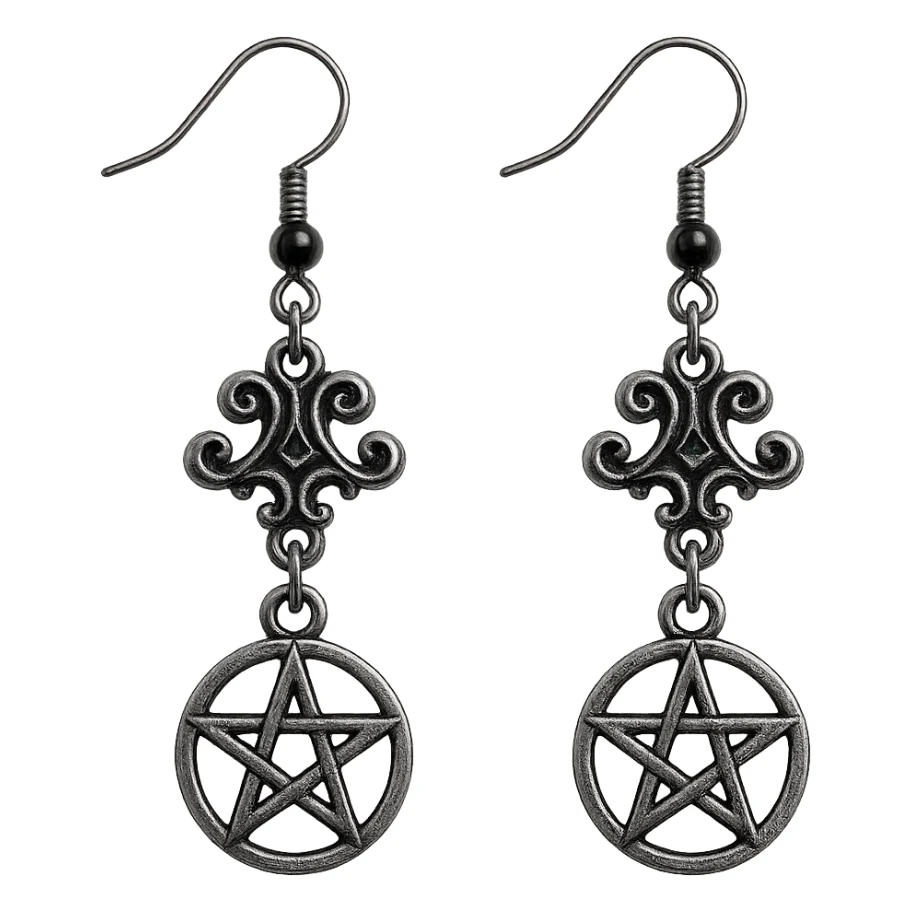 goth earrings with pentagram charm, silver and black, occult gothic style sticker
