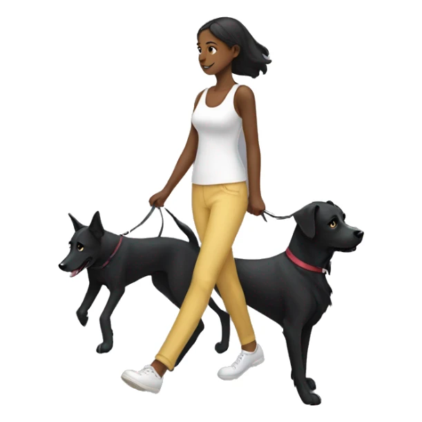 Girl walk with a black dog with white Chest sticker