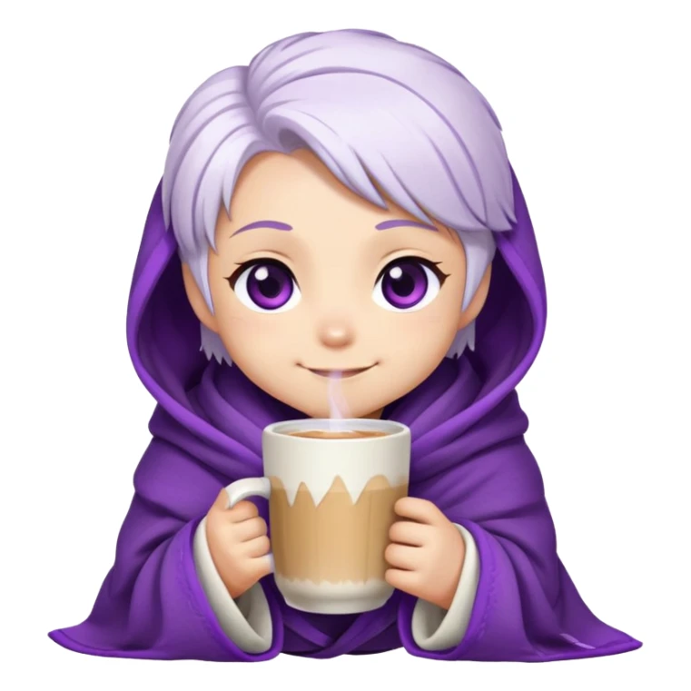 Chibi Sable Ward wrapped in a blanket, holding a warm drink, cozy expression, white hair with purple streaks, fully purple eyes, content smile sticker
