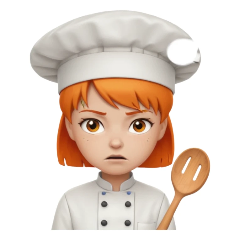 girl, Short orange hair, angry, wearing chef uniform and chef hat sticker