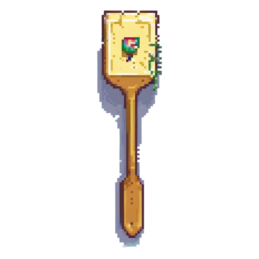 pixel art of a butter slice enthusiastically raising an auction paddle to place a bid sticker
