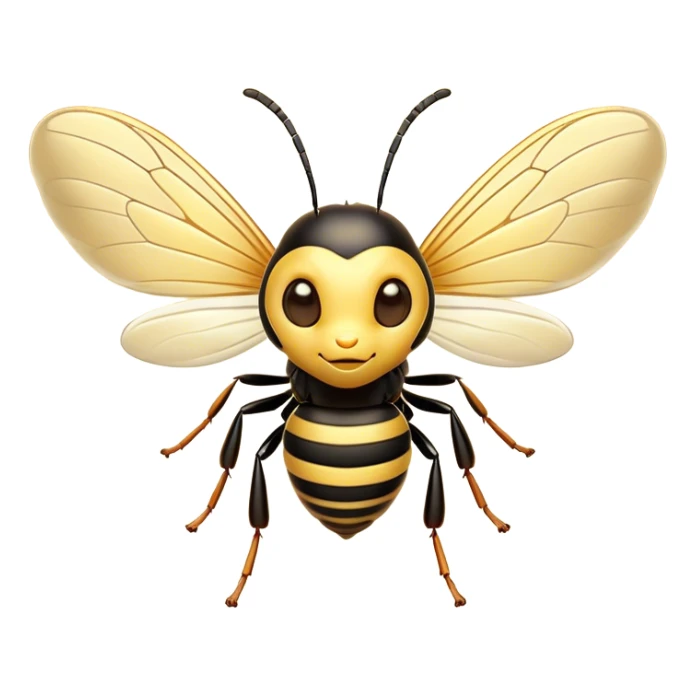 Cinematic Cute Wasp Portrait Emoji, Head tilted playfully and inquisitively, featuring a compact, delicately striped body with softened, endearing eyes and petite, translucent wings, Simplified yet irresistibly adorable features, highly detailed, glowing with a warm, inviting glow, high shine, affectionate and lively, stylized with a touch of whimsical insect charm, soft glowing outline, capturing the essence of a mischievous wasp that seems as if it could buzz out of the screen with a playful wink! sticker