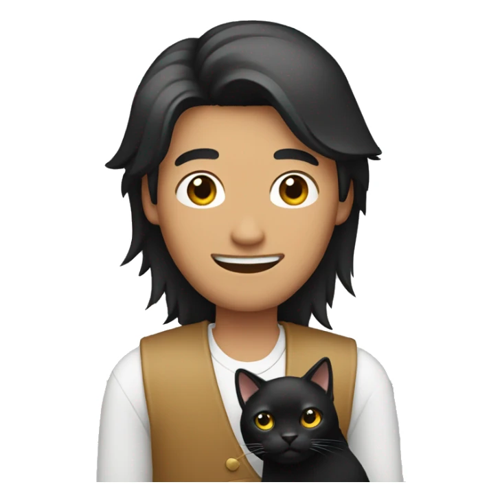 Long hair Asian man holding black cat sticker