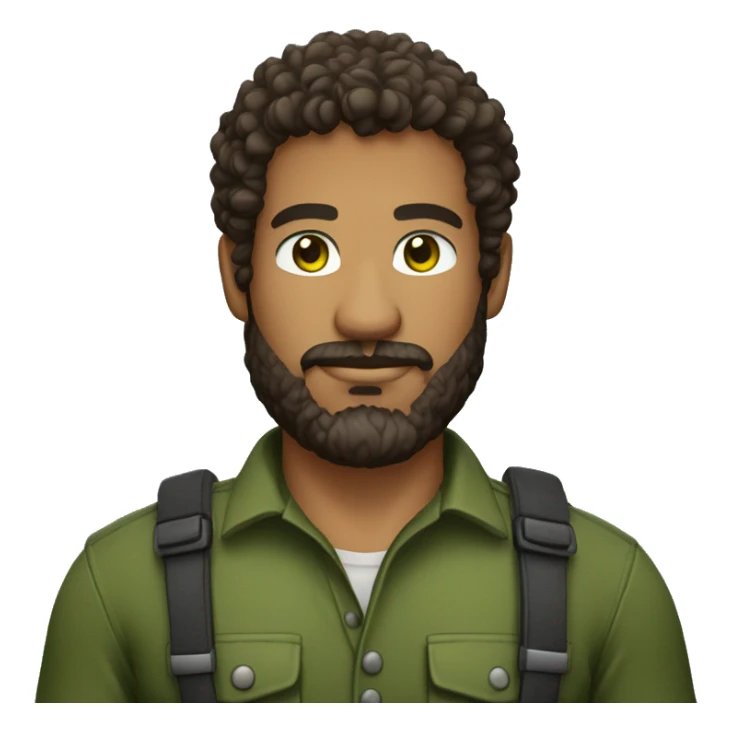muscular mixed race software developer wearing green eyes, beard and curly hair lumberjack shirt military sticker