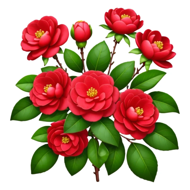 bouquet Red Camellia, luxuriant, stem, leaf, bud sticker