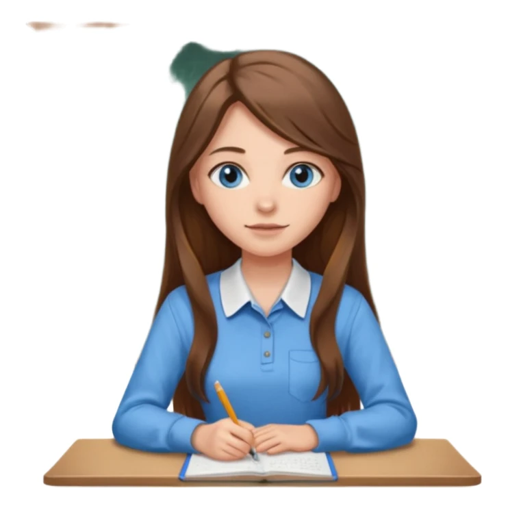 high school class room with a pretty female high school student with long brown hair, blue eyes sitting in front of the blackboard sticker