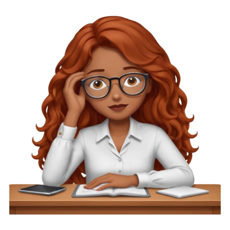 Pretty brown model, brown eyes, soft long red wavy hair, falling asleep at desk sticker