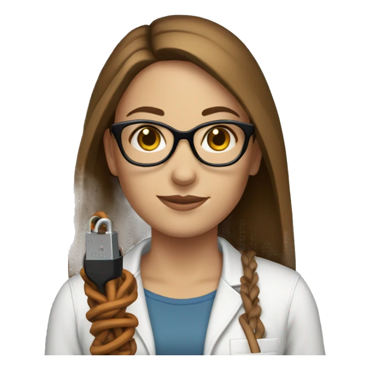 white female, brown straight hair with glasses, holding an extension cord sticker