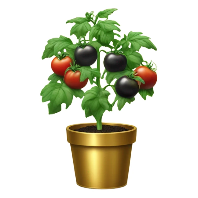 Tomato plant with Black tomatoes on in a gold pot sticker