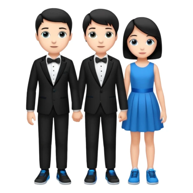 generate a pretty bratz fair skinned boy with short black hair wearing a black tux with blue sneakers .with a girl in a pink dress sticker