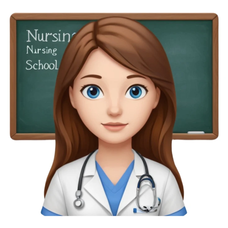 university classroom that says nursing school on the blackboard with a pretty female nursing student with long brown hair, blue eyes sticker